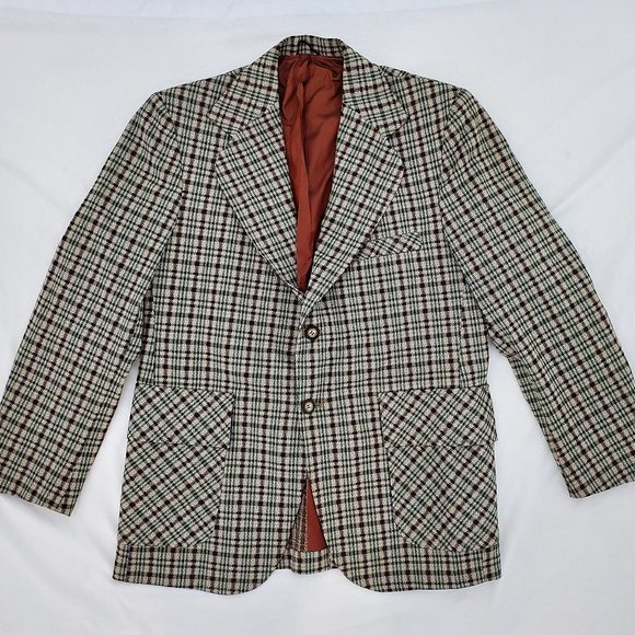 Montgomery Ward Vintage 1970s Blazer 2 Button Sport Jacket Green Checkered Size